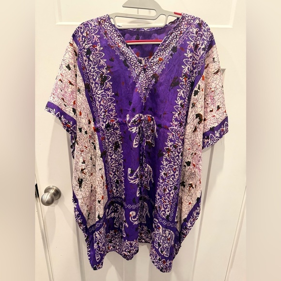 Tops - Purple Boho Tunic Dress OSFM Elephant Print Drawstring Waist